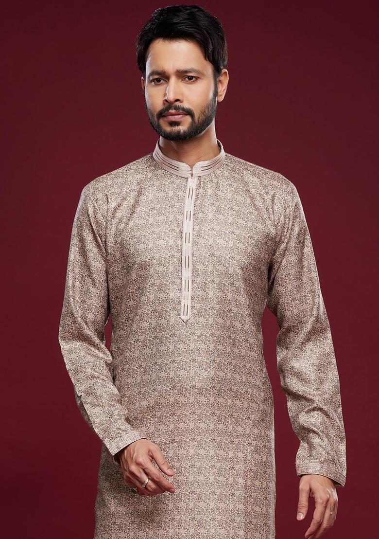 Brown Printed Art Silk Kurta Set For Men - Indya