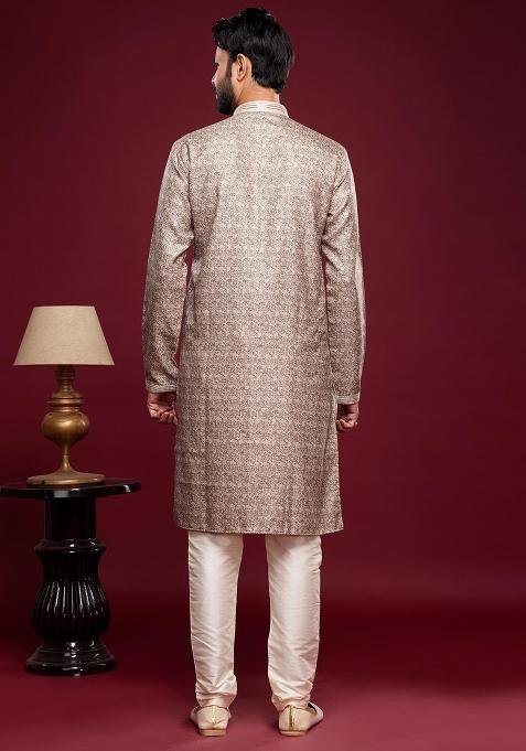 Brown Printed Art Silk Kurta Set For Men