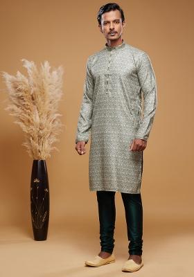 Green Printed Art Silk Kurta Set For Men