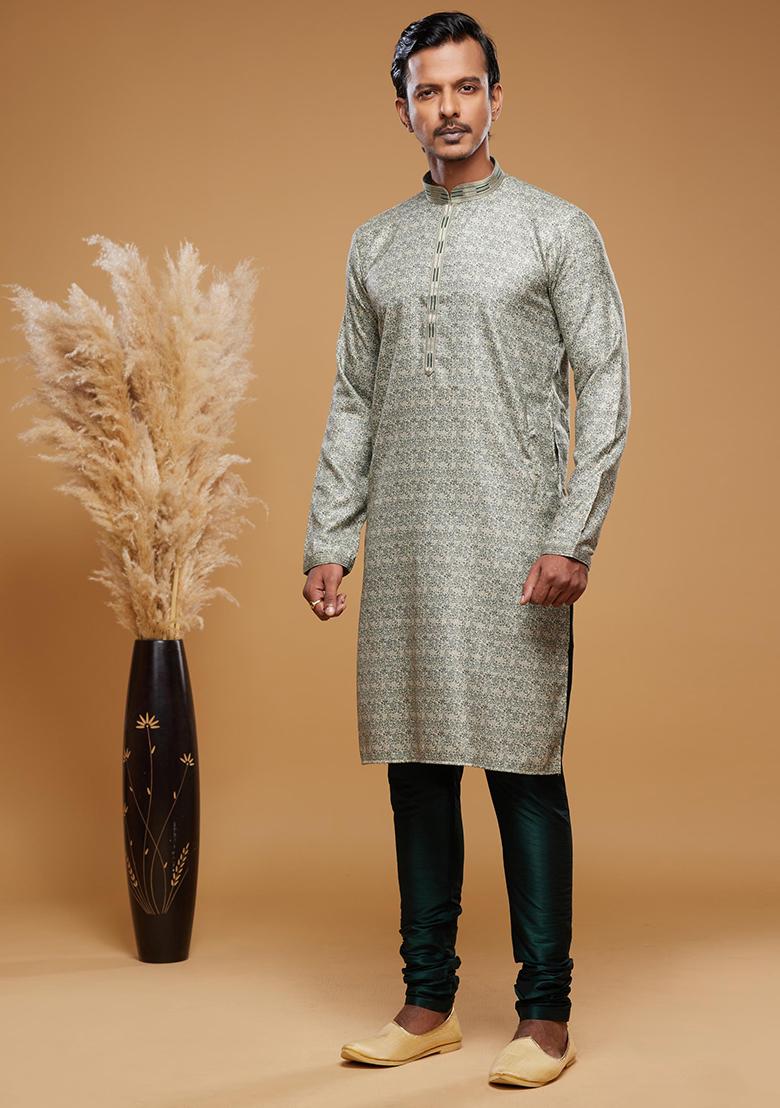 Green Printed Art Silk Kurta Set For Men