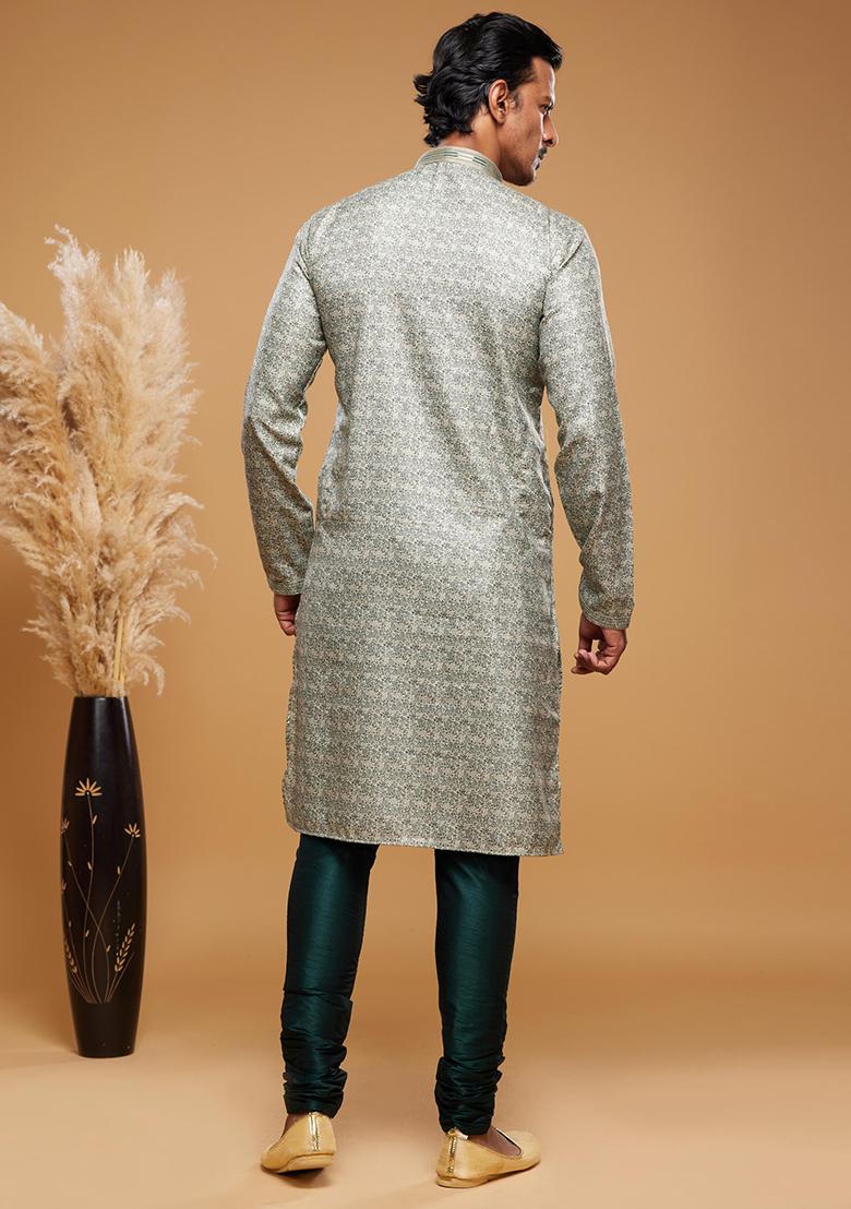 Green Printed Art Silk Kurta Set For Men