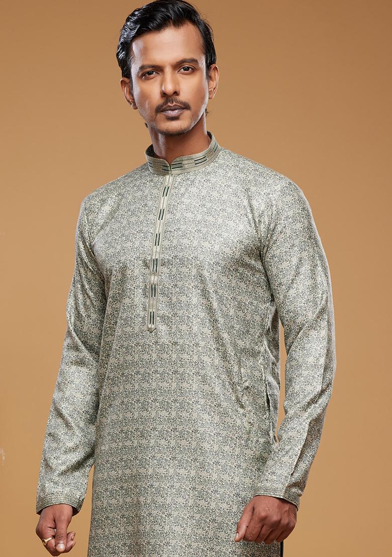 Green Printed Art Silk Kurta Set For Men