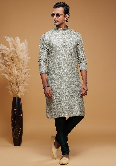 Green Printed Art Silk Kurta Set For Men