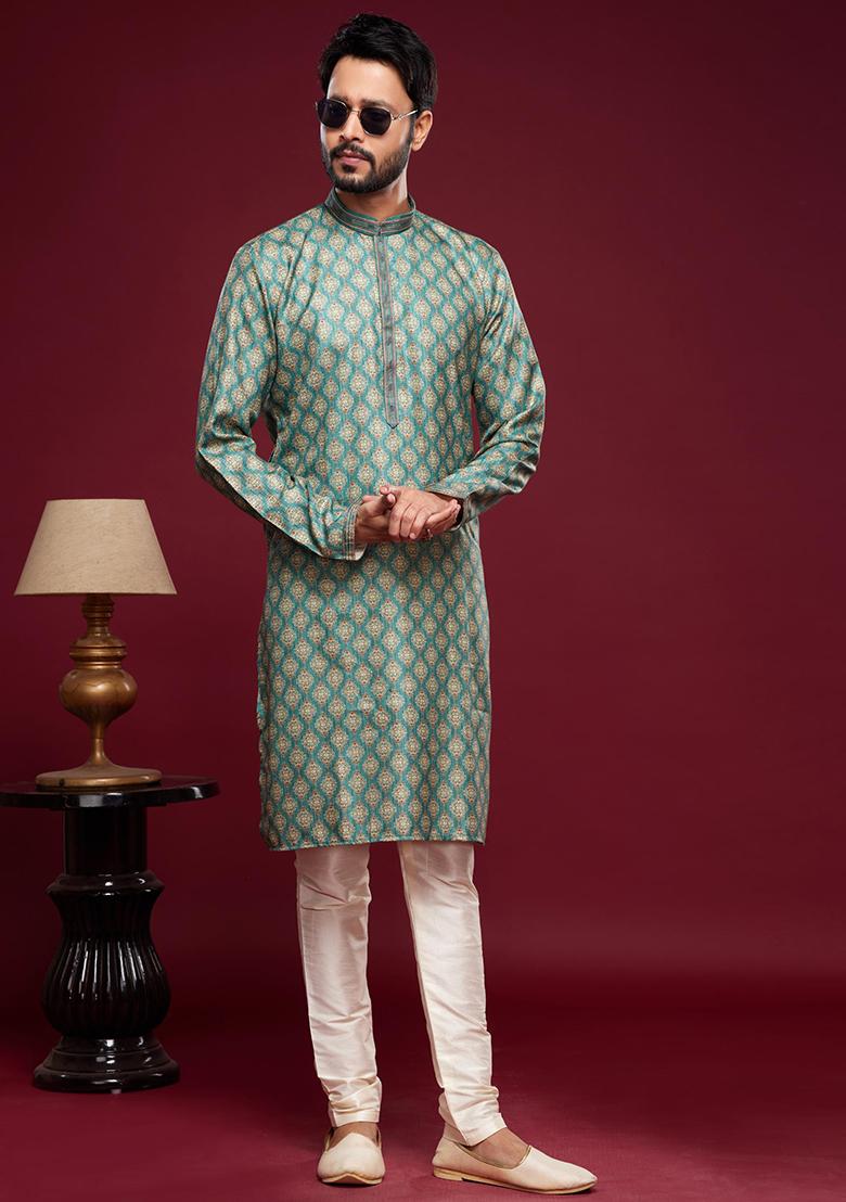 Green Printed Art Silk Kurta Set For Men