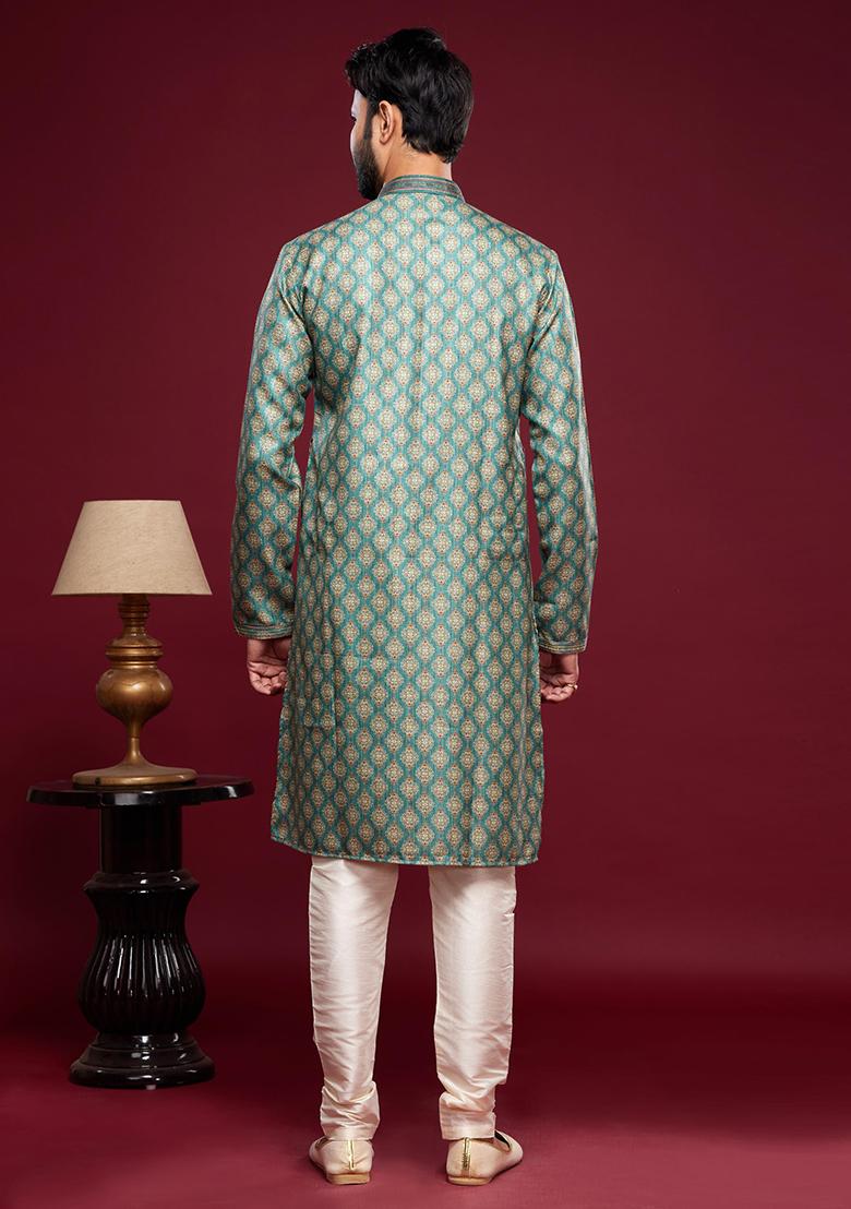Green Printed Art Silk Kurta Set For Men