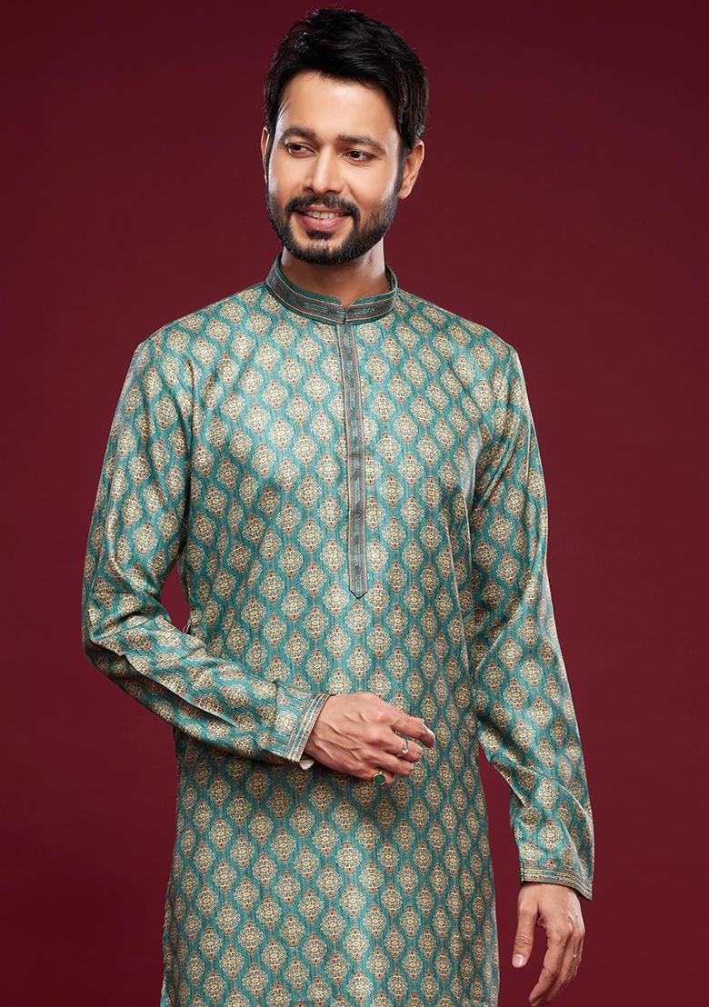 Green Printed Art Silk Kurta Set For Men - Indya