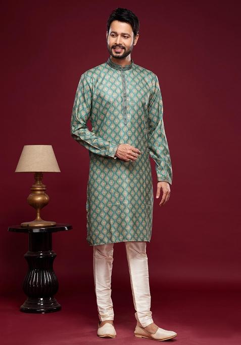 Green Printed Art Silk Kurta Set For Men