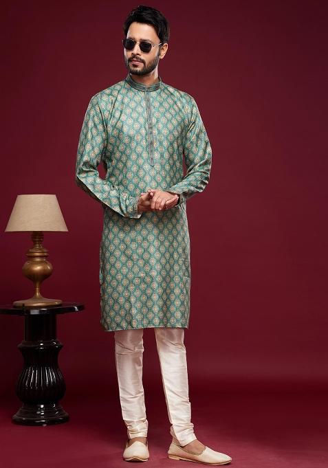 Green Printed Art Silk Kurta Set For Men