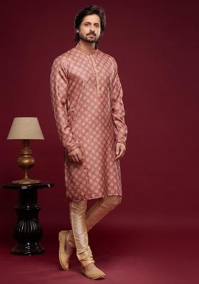Red Printed Art Silk Kurta Set For Men