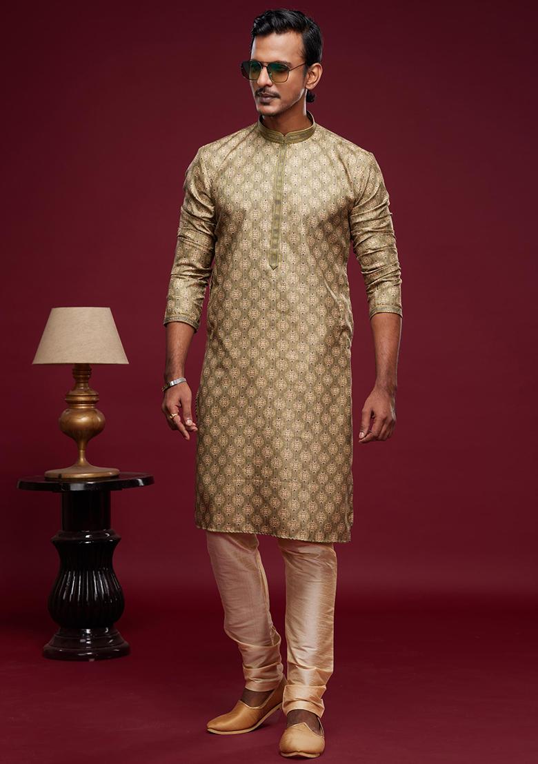 Green Printed Art Silk Kurta Set For Men