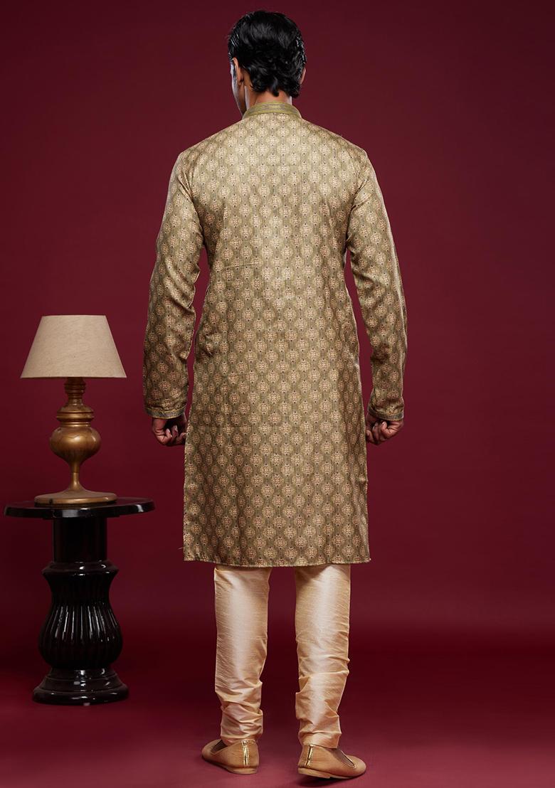 Green Printed Art Silk Kurta Set For Men