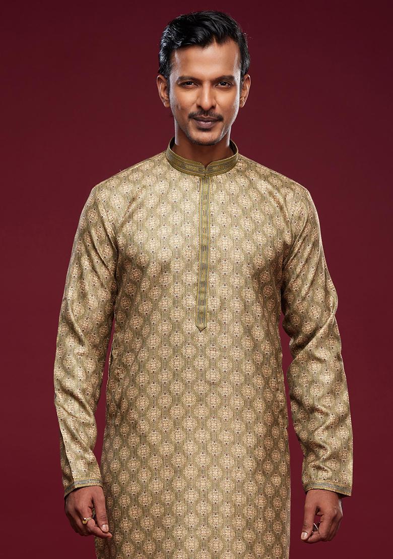 Green Printed Art Silk Kurta Set For Men