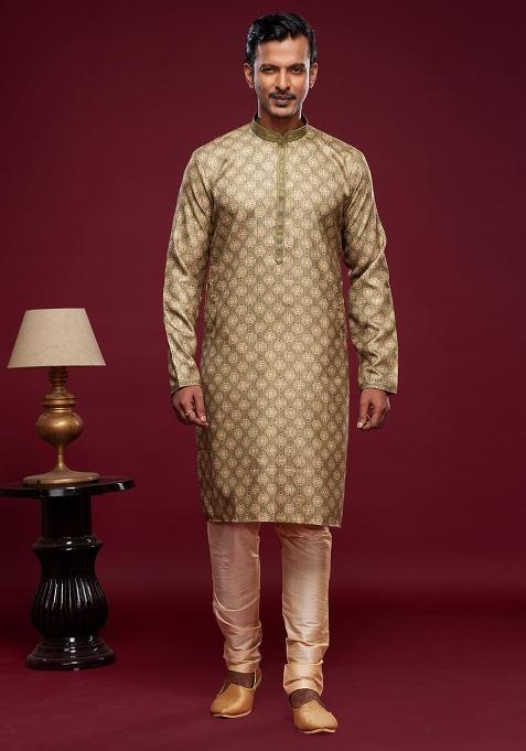 Green Printed Art Silk Kurta Set For Men