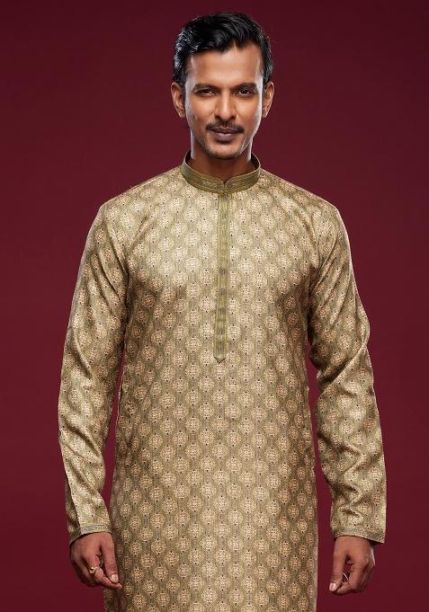Green Printed Art Silk Kurta Set For Men
