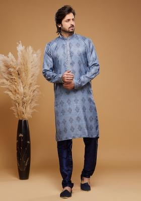Blue Printed Art Silk Kurta Set For Men