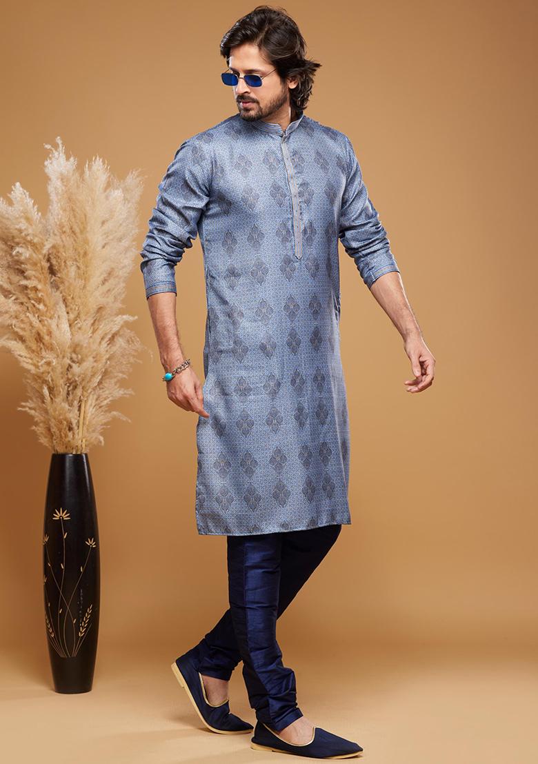Blue Printed Art Silk Kurta Set For Men - Indya