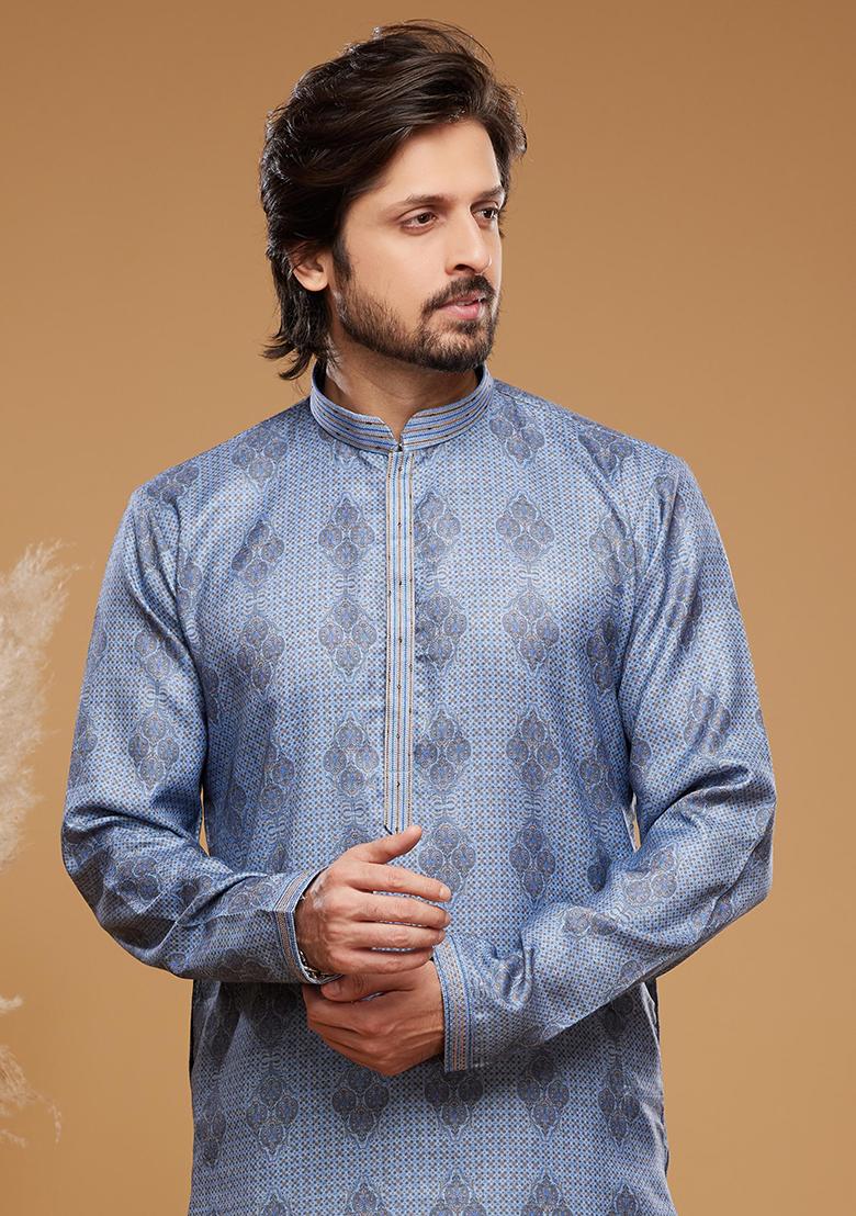 Blue Printed Art Silk Kurta Set For Men - Indya