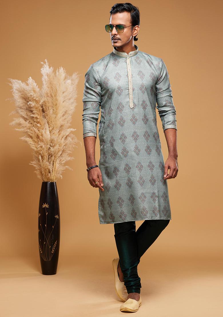 Green Printed Art Silk Kurta Set For Men