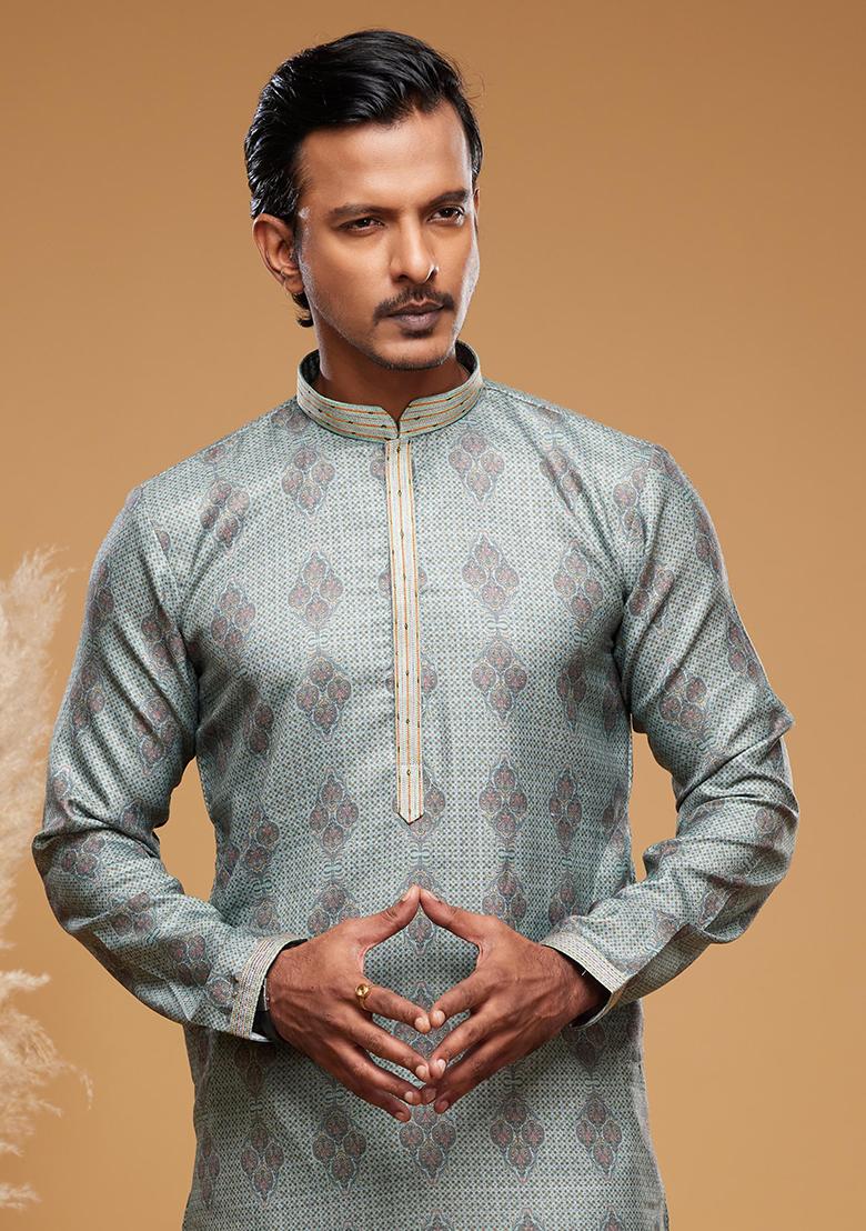 Green Printed Art Silk Kurta Set For Men