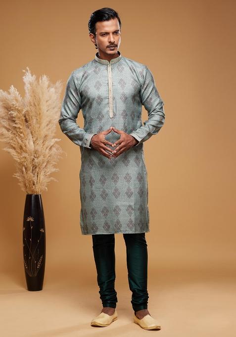 Green Printed Art Silk Kurta Set For Men