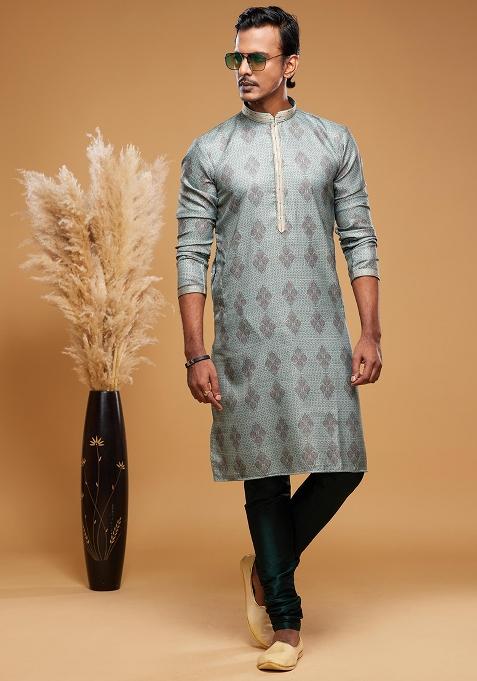 Green Printed Art Silk Kurta Set For Men