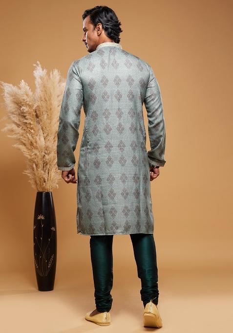 Green Printed Art Silk Kurta Set For Men