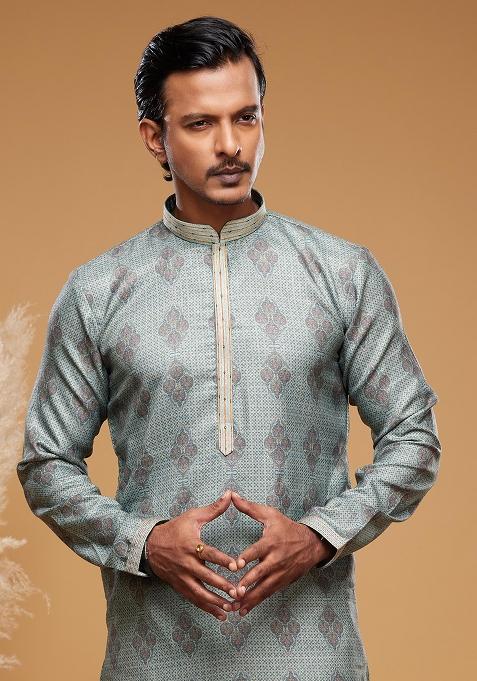 Green Printed Art Silk Kurta Set For Men