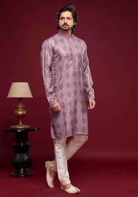 Magenta Printed Art Silk Kurta Set For Men