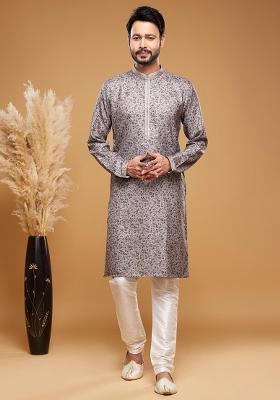 Grey Printed Art Silk Kurta Set For Men