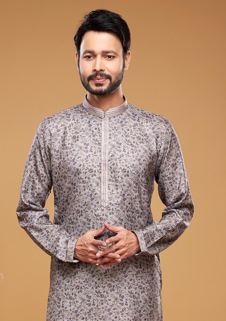 Grey Printed Art Silk Kurta Set For Men - Indya