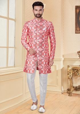 Peach And Pink Solid Jacquard Sherwani Set For Men
