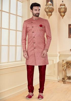Pink Peach Solid Jacquard Sherwani Set For Men