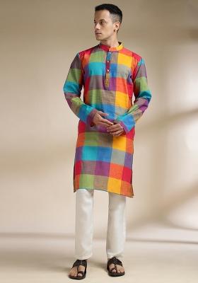 Multi Color Checkered Cotton Kurta Set For Men