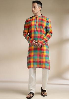 Multi Color Checkered Cotton Kurta Set For Men