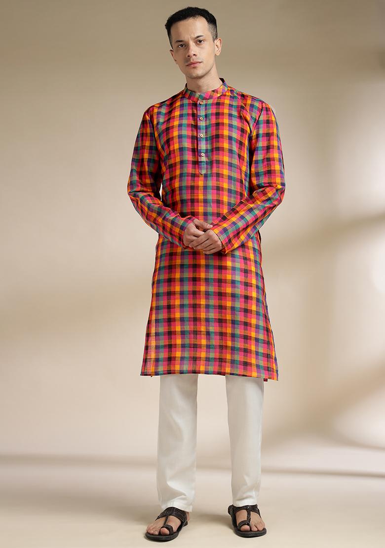Multi Color Checkered Cotton Kurta Set For Men - Indya