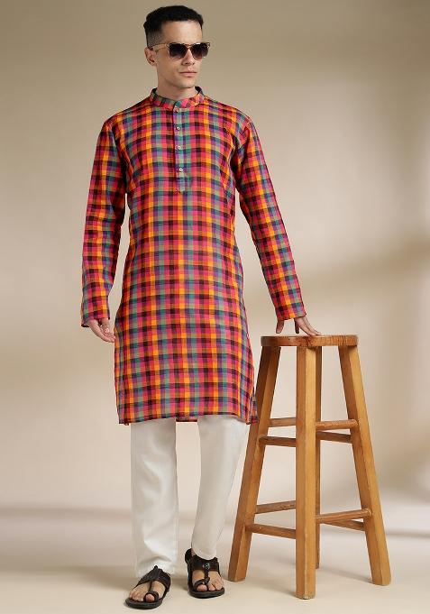 Multi Color Checkered Cotton Kurta Set For Men — view on Indya