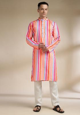 Multi Color Checkered Cotton Kurta Set For Men