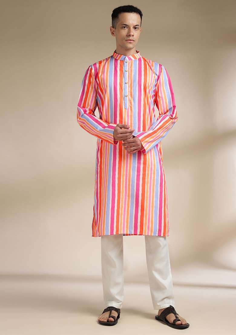 Multi Color Checkered Cotton Kurta Set For Men - Indya