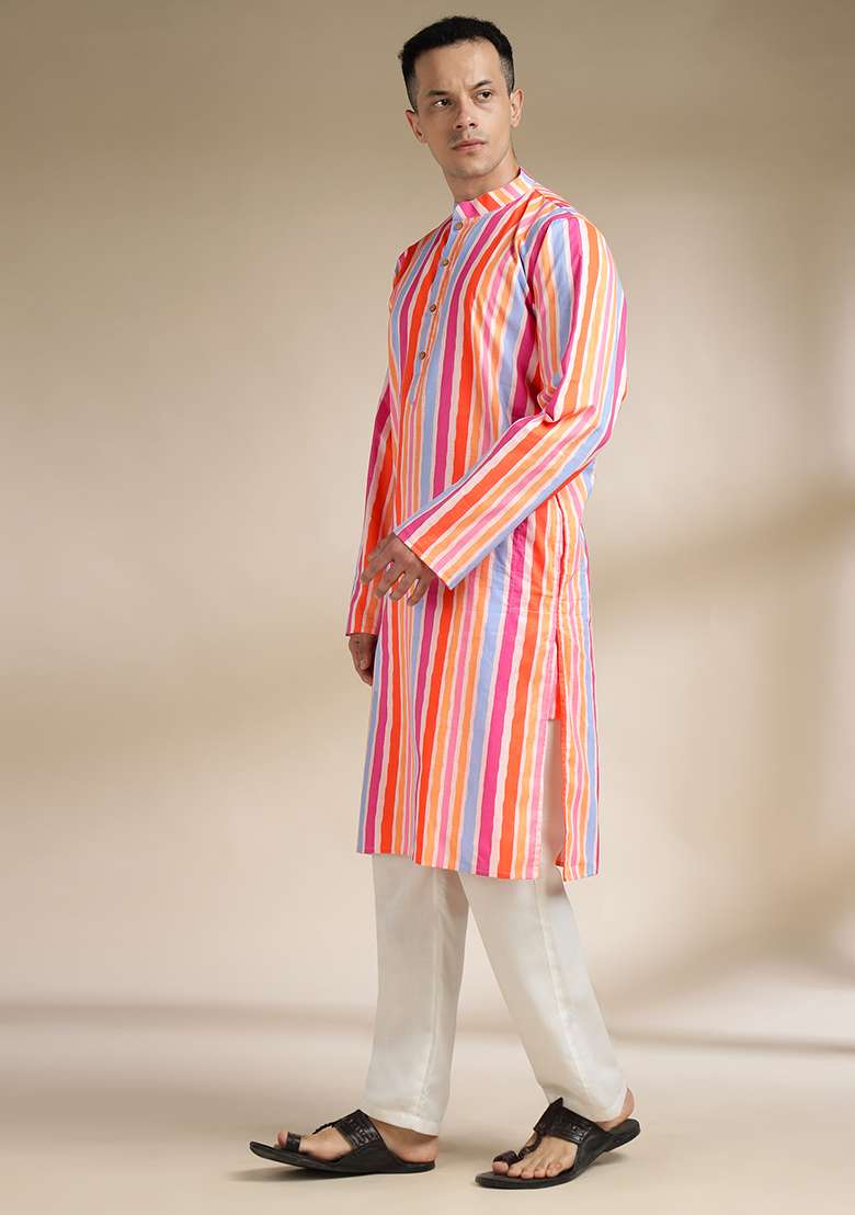 Multi Color Checkered Cotton Kurta Set For Men - Indya
