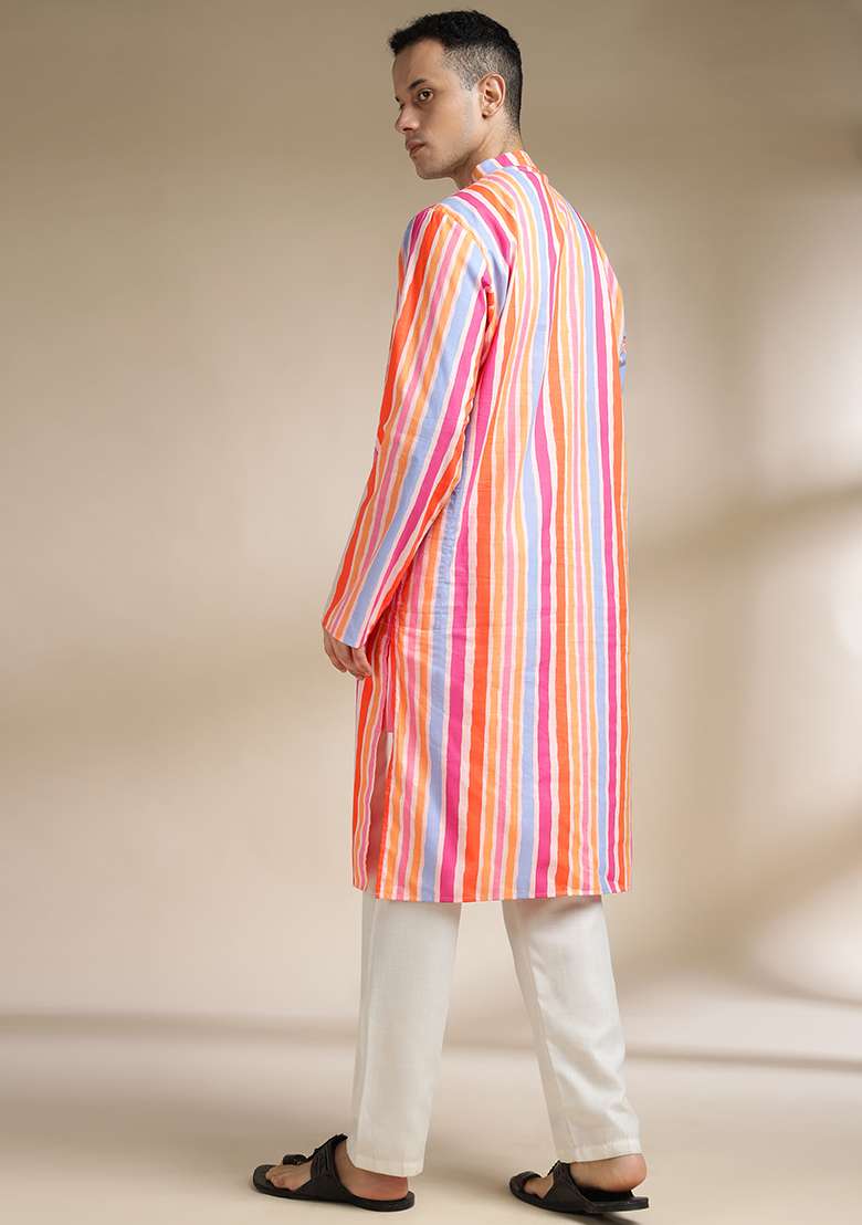 Multi Color Checkered Cotton Kurta Set For Men - Indya