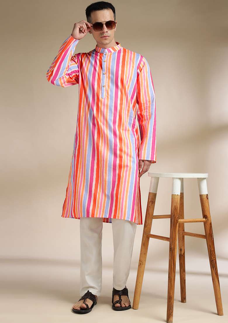 Multi Color Checkered Cotton Kurta Set For Men - Indya