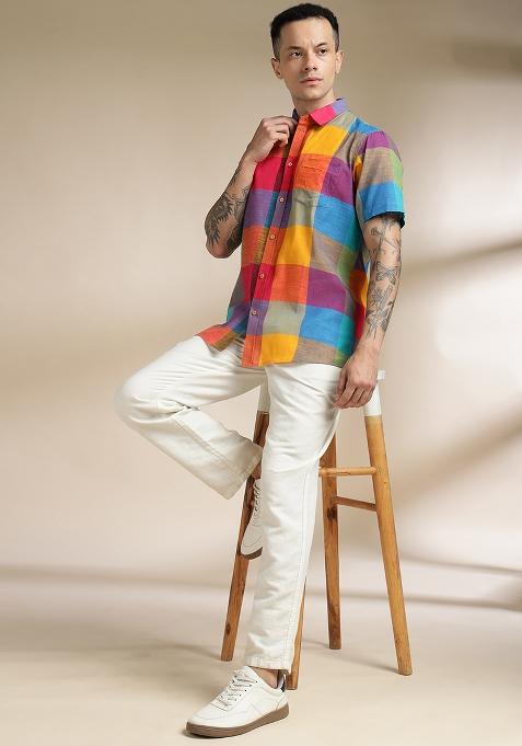 Multi Color Checkered Cotton Shirt For Men