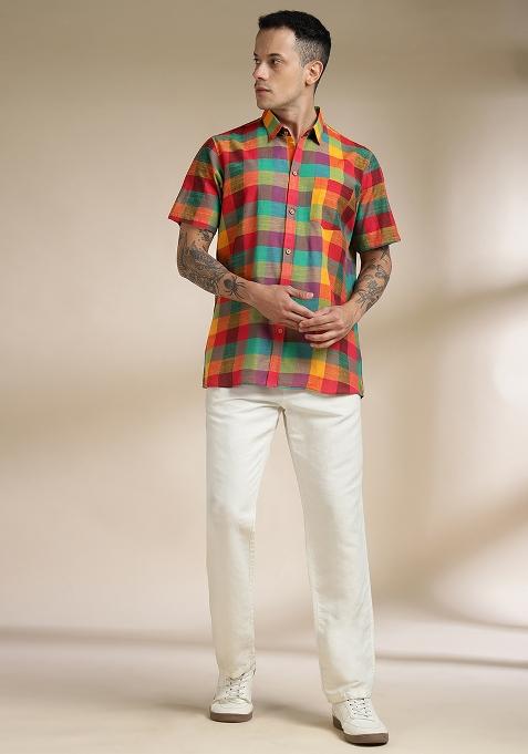 Multi Color Checkered Cotton Shirt For Men