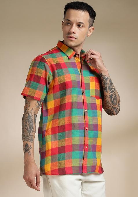 Multi Color Checkered Cotton Shirt For Men