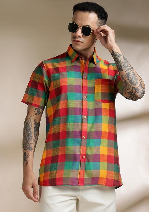 Multi Color Checkered Cotton Shirt For Men