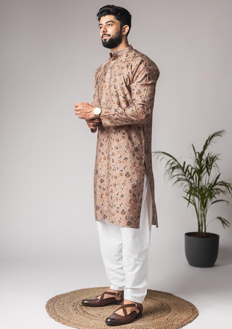 Brown Print Modal Silk Kurta For Men - Indya