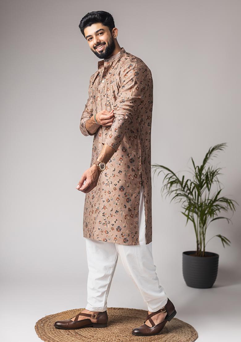 Brown Print Modal Silk Kurta For Men - Indya