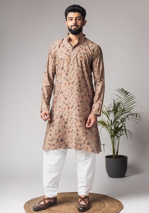 Brown Print Modal Silk Kurta For Men