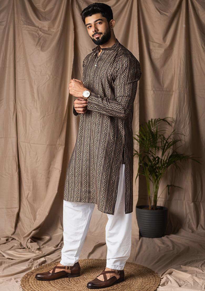 Black Print Modal Silk Kurta For Men - Indya