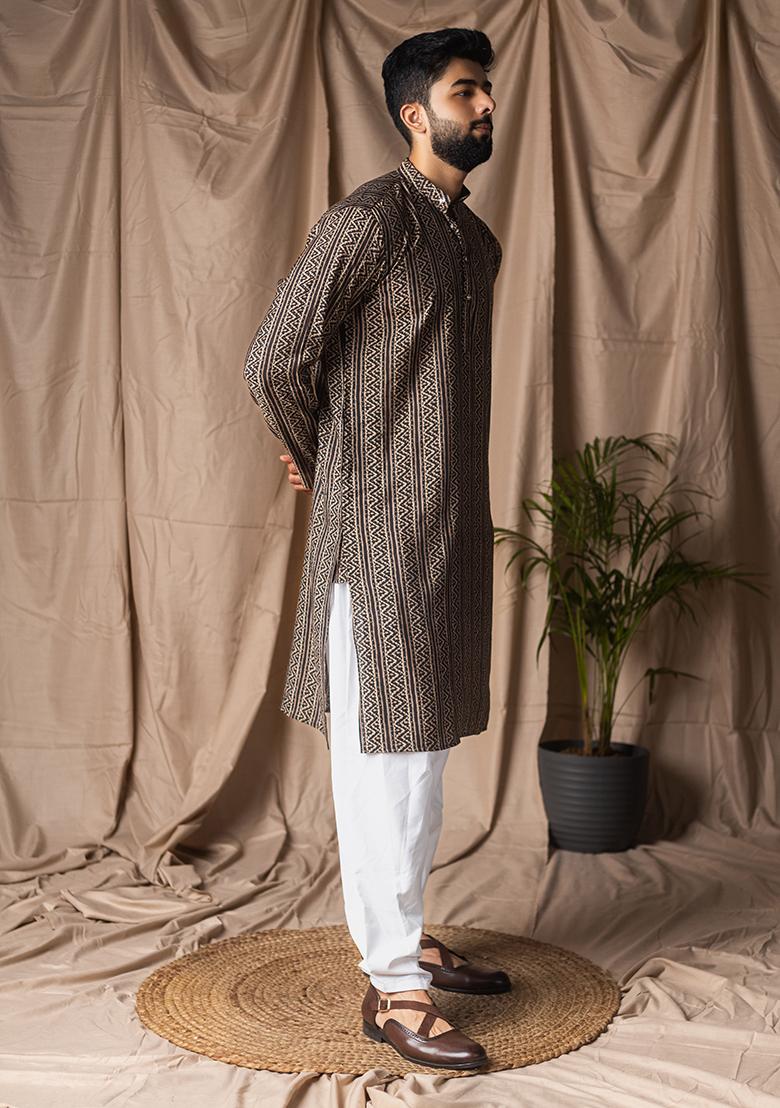 Black Print Modal Silk Kurta For Men - Indya